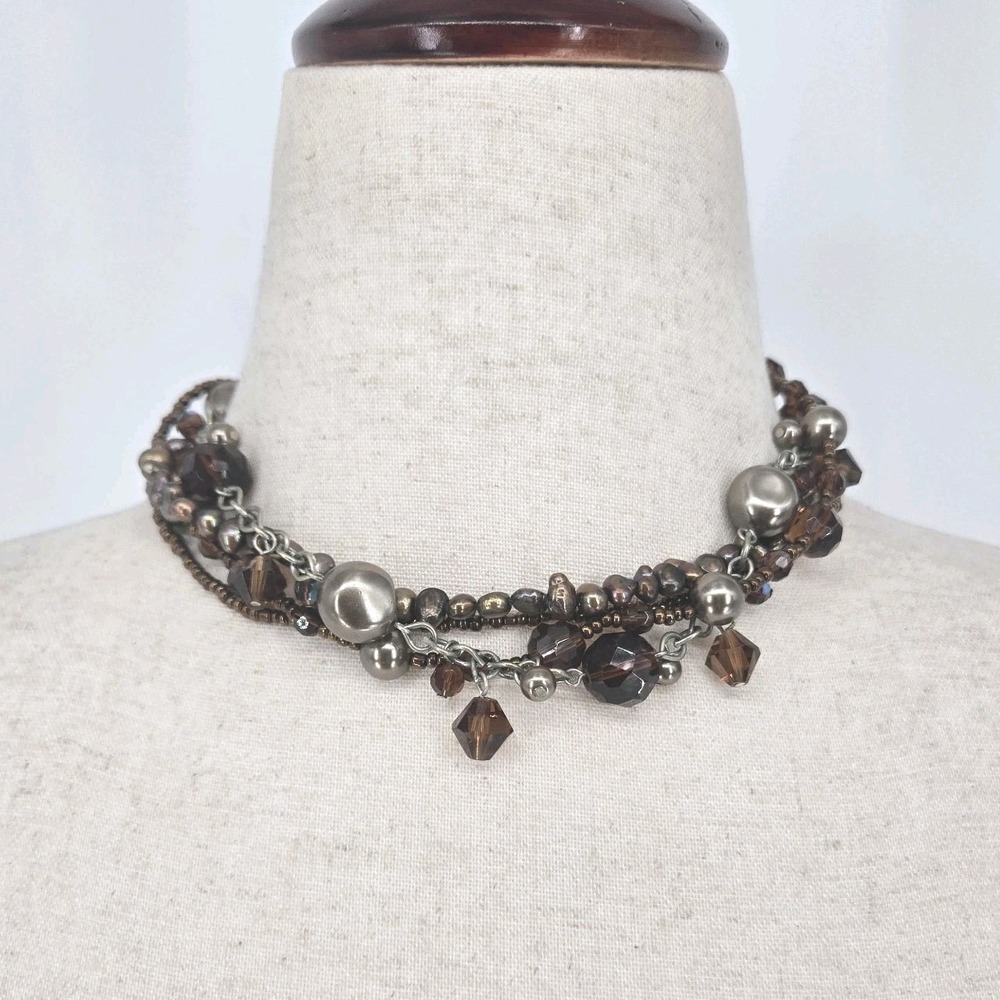 Vendome Vintage 4 Strand Bronze Crystal Glass Bead Necklace Choker Signed 14in